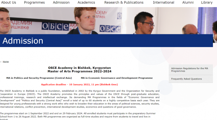 OSCE Academy in Bishkek, Kyrgyzstan Master of Arts Programmes 2022-2024